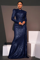 Load image into Gallery viewer, Sparkly Navy Sequin Mermaid Maxi Prom Dress with Side Cape