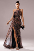 Load image into Gallery viewer, Brown Leopard Print Mermaid Front Twist Maxi Prom Dress with Slit