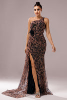 Load image into Gallery viewer, Brown Leopard Print Mermaid Front Twist Maxi Prom Dress with Slit
