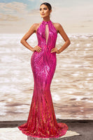 Load image into Gallery viewer, Sparkly Fuchsia Mermaid Sequin Maxi Prom Dress with Keyhole