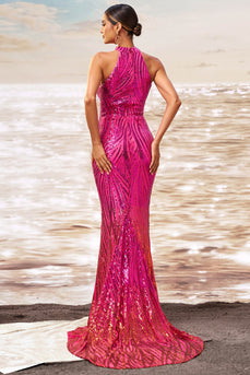 Sparkly Fuchsia Mermaid Sequin Maxi Prom Dress with Keyhole