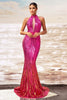 Load image into Gallery viewer, Sparkly Fuchsia Mermaid Sequin Maxi Prom Dress with Keyhole