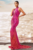Load image into Gallery viewer, Sparkly Fuchsia Mermaid Sequin Maxi Prom Dress with Keyhole