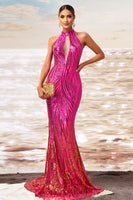 Load image into Gallery viewer, Sparkly Fuchsia Mermaid Sequin Maxi Prom Dress with Keyhole