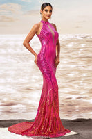 Load image into Gallery viewer, Sparkly Fuchsia Mermaid Sequin Maxi Prom Dress with Keyhole