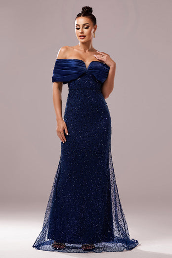 Sparkly Navy Sequin Mermaid Maxi Ruched Prom Dress