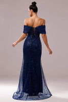 Load image into Gallery viewer, Sparkly Navy Sequin Mermaid Maxi Ruched Prom Dress