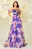 Load image into Gallery viewer, Purple Floral Print A Line Detachable Sleeves Maxi Prom Dress