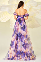 Load image into Gallery viewer, Purple Floral Print A Line Detachable Sleeves Maxi Prom Dress