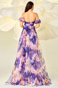 Purple Floral Print A Line Detachable Sleeves Maxi Prom Dress