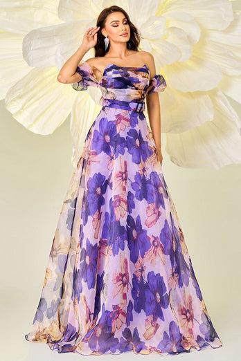 Purple Floral Print A Line Detachable Sleeves Maxi Prom Dress