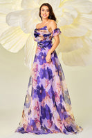 Load image into Gallery viewer, Purple Floral Print A Line Detachable Sleeves Maxi Prom Dress
