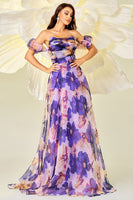 Load image into Gallery viewer, Purple Floral Print A Line Detachable Sleeves Maxi Prom Dress