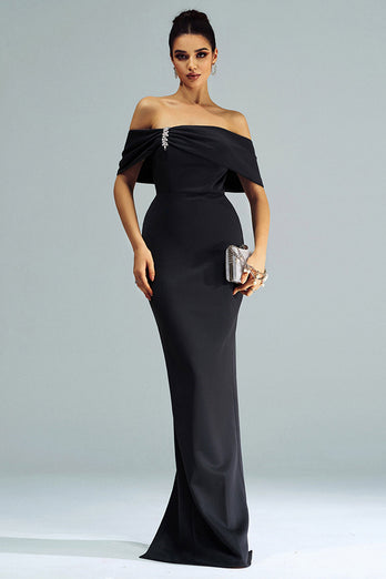 Black Mermaid Off the Shoulder Satin Maxi Prom Dress with Slit