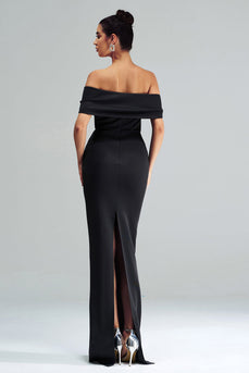 Black Mermaid Off the Shoulder Satin Maxi Prom Dress with Slit