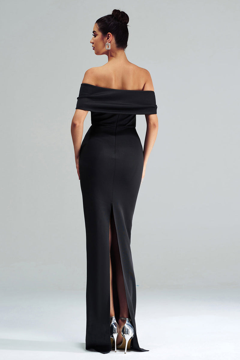 Load image into Gallery viewer, Black Mermaid Off the Shoulder Satin Maxi Prom Dress with Slit