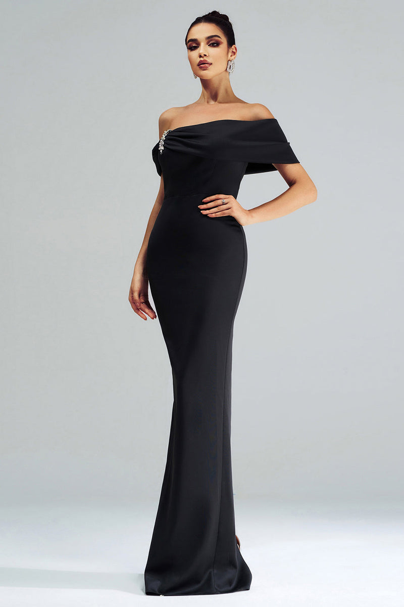 Load image into Gallery viewer, Black Mermaid Off the Shoulder Satin Maxi Prom Dress with Slit