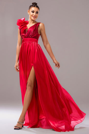 Red A Line V-Neck Organza Maxi Prom Dress with Slit