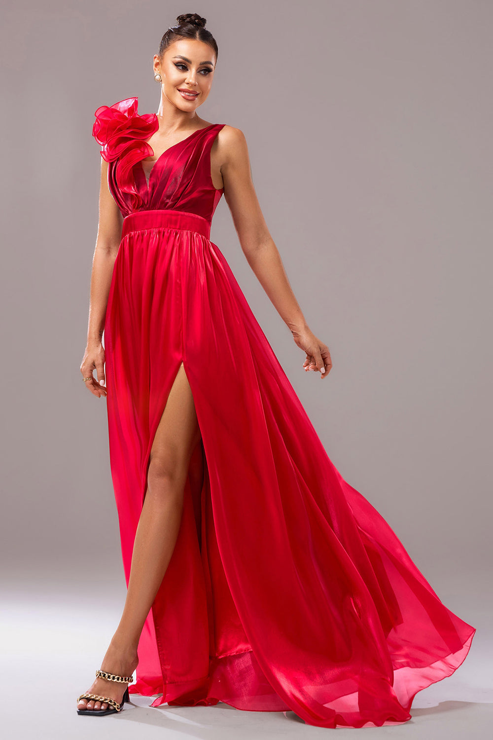 Red A Line V-Neck Organza Maxi Prom Dress with Slit