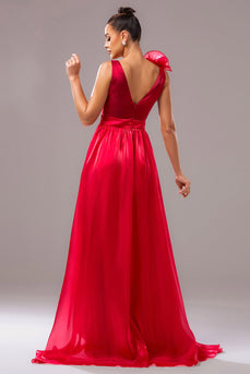 Red A Line V-Neck Organza Maxi Prom Dress with Slit
