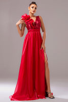 Load image into Gallery viewer, Red A Line V-Neck Organza Maxi Prom Dress with Slit