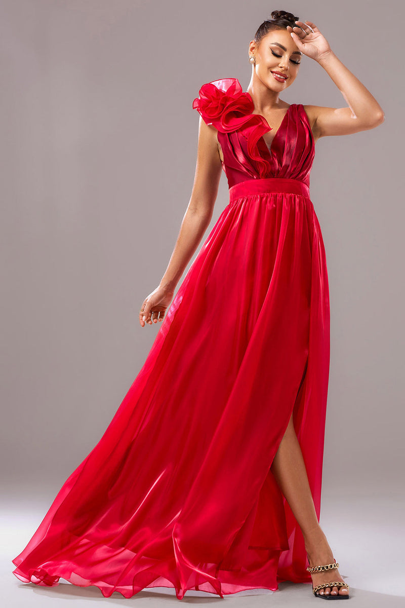 Load image into Gallery viewer, Red A Line V-Neck Organza Maxi Prom Dress with Slit