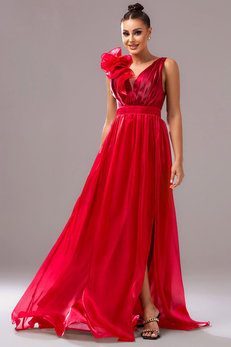 Load image into Gallery viewer, Red A Line V-Neck Organza Maxi Prom Dress with Slit