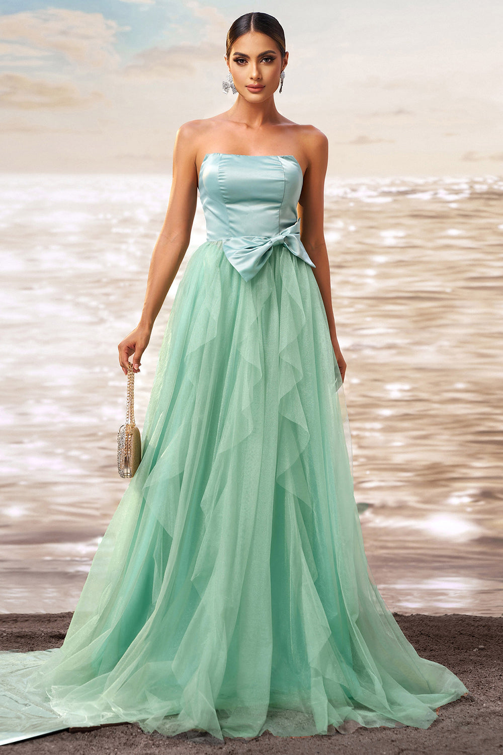 Green A Line Strapless Tulle Maxi Ruffled Prom Dress with Bow