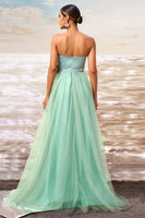 Load image into Gallery viewer, Green A Line Strapless Tulle Maxi Ruffled Prom Dress with Bow