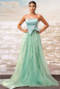 Load image into Gallery viewer, Green A Line Strapless Tulle Maxi Ruffled Prom Dress with Bow