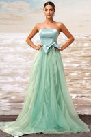 Load image into Gallery viewer, Green A Line Strapless Tulle Maxi Ruffled Prom Dress with Bow