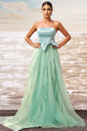 Green A Line Strapless Tulle Maxi Ruffled Prom Dress with Bow