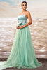 Load image into Gallery viewer, Green A Line Strapless Tulle Maxi Ruffled Prom Dress with Bow