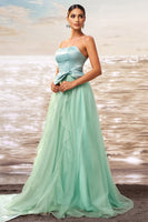 Load image into Gallery viewer, Green A Line Strapless Tulle Maxi Ruffled Prom Dress with Bow