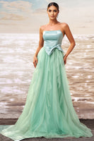 Load image into Gallery viewer, Green A Line Strapless Tulle Maxi Ruffled Prom Dress with Bow