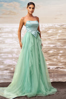 Load image into Gallery viewer, Green A Line Strapless Tulle Maxi Ruffled Prom Dress with Bow