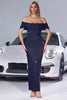 Load image into Gallery viewer, Navy Glitter Mermaid Ruched Off the Shoulder Maxi Prom Dress