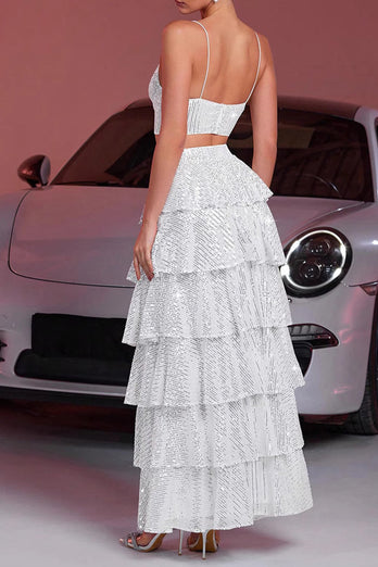 Sparkly White Sequin Two Piece Maxi Prom Dress with Ruffles