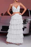 Load image into Gallery viewer, Sparkly White Sequin Two Piece Maxi Prom Dress with Ruffles