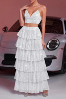 Load image into Gallery viewer, Sparkly White Sequin Two Piece Maxi Prom Dress with Ruffles