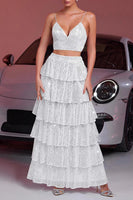 Load image into Gallery viewer, Sparkly White Sequin Two Piece Maxi Prom Dress with Ruffles