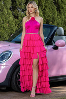 Load image into Gallery viewer, Sparkly Fuchsia Tiered Satin Ruffled Maxi Prom Dress with Flower