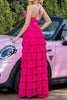 Load image into Gallery viewer, Sparkly Fuchsia Tiered Satin Ruffled Maxi Prom Dress with Flower