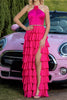 Load image into Gallery viewer, Sparkly Fuchsia Tiered Satin Ruffled Maxi Prom Dress with Flower