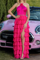 Load image into Gallery viewer, Sparkly Fuchsia Tiered Satin Ruffled Maxi Prom Dress with Flower