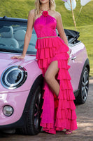 Load image into Gallery viewer, Sparkly Fuchsia Tiered Satin Ruffled Maxi Prom Dress with Flower