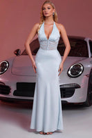 Load image into Gallery viewer, Light Blue Mermaid Halter Backless Satin Maxi Prom Dress with Lace