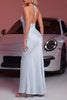 Load image into Gallery viewer, Light Blue Mermaid Halter Backless Satin Maxi Prom Dress with Lace