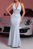 Load image into Gallery viewer, Light Blue Mermaid Halter Backless Satin Maxi Prom Dress with Lace