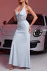 Load image into Gallery viewer, Light Blue Mermaid Halter Backless Satin Maxi Prom Dress with Lace